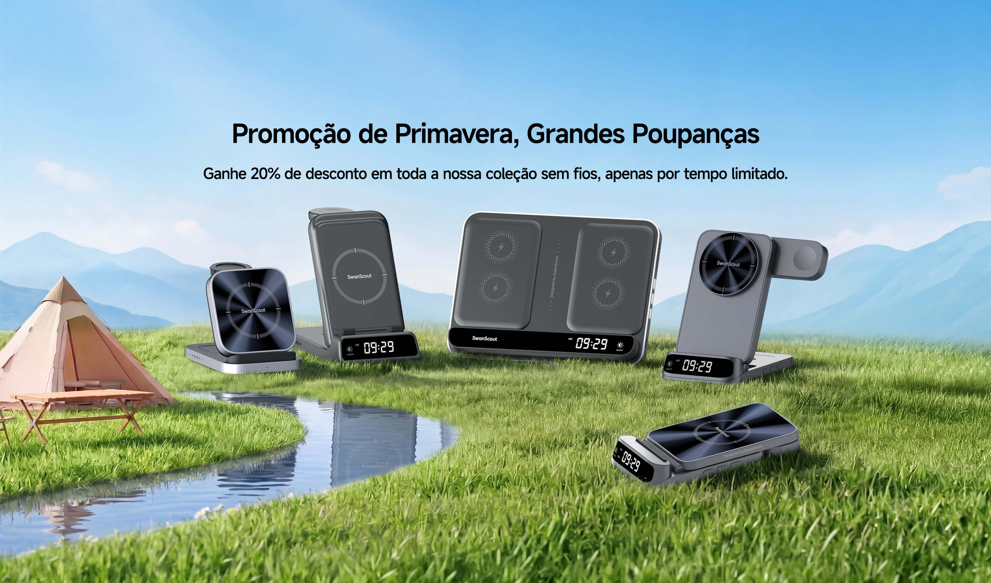 Promoção primavera 2026 SwanScout com estações de carregamento sem fio em um cenário natural com grama e rio