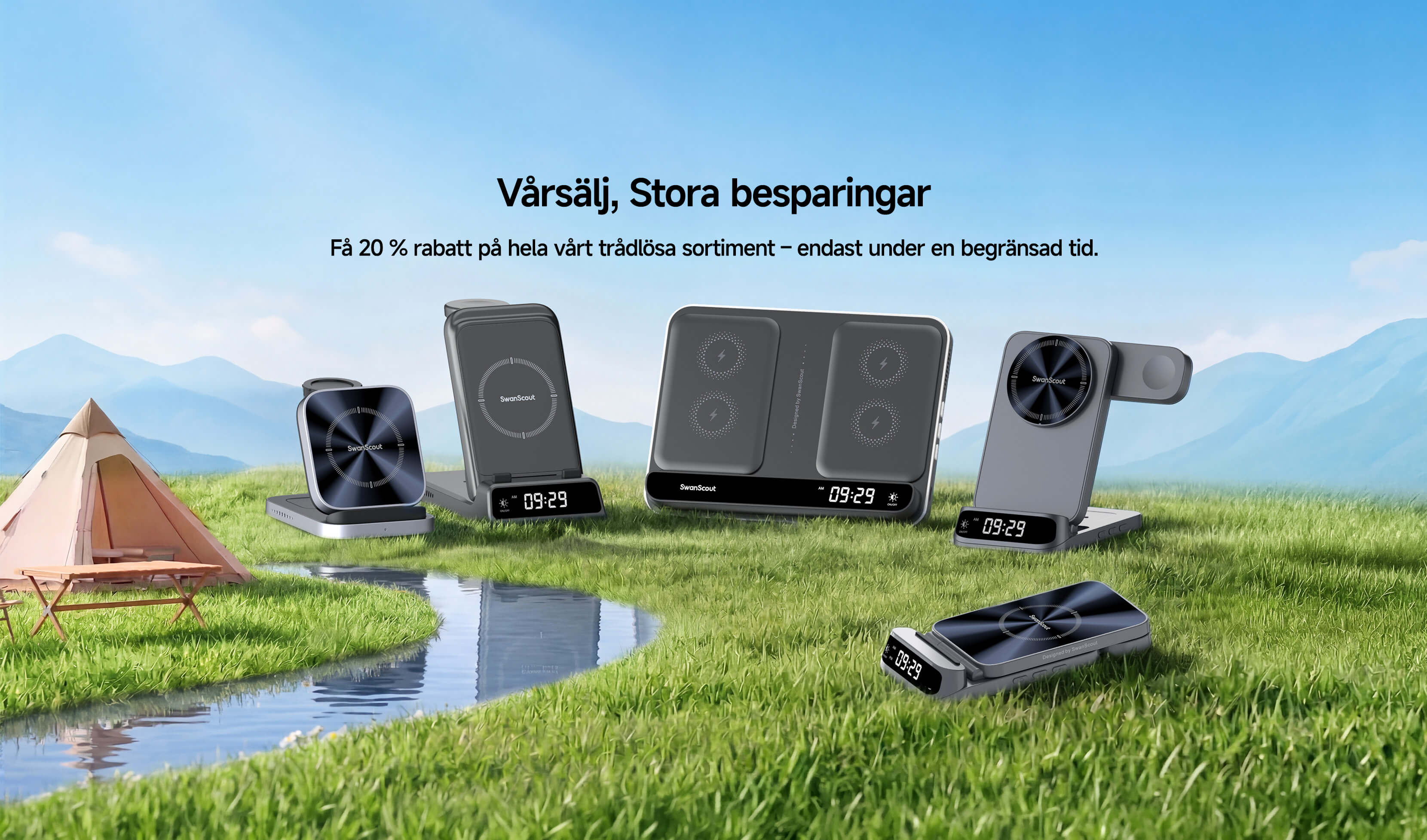 SwanScout trådlösa laddstationer vårkampanj 2026 i en naturlig miljö med gräs och flod