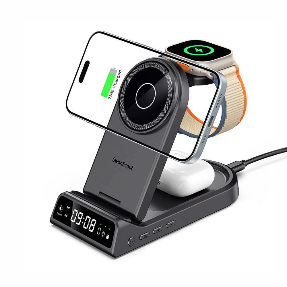 SwanScout 702M is a 3-in-1 magnetic wireless charger compatible with Apple devices, including the iPhone 16e, providing a sleek and efficient charging solution.