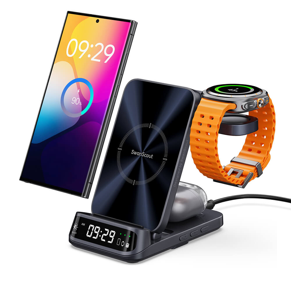 SwanScout 708S 3 in 1 Samsung wireless charger powering Galaxy phone, watch, and earbuds at an angle