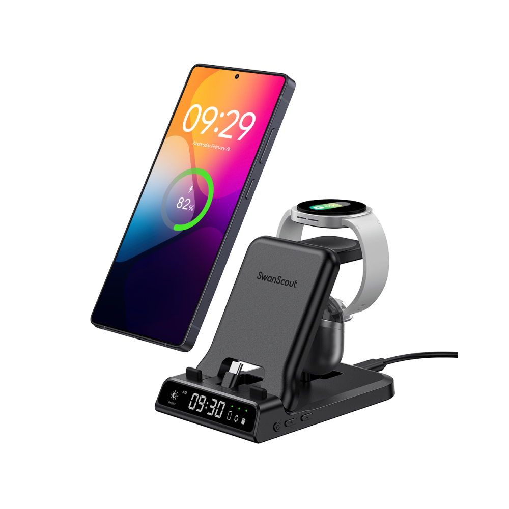 Experience seamless charging with SwanScout 701S, a powerful 3-in-1 station that fast charges your Samsung phone, watch, and earbuds simultaneously with a built-in digital clock.
