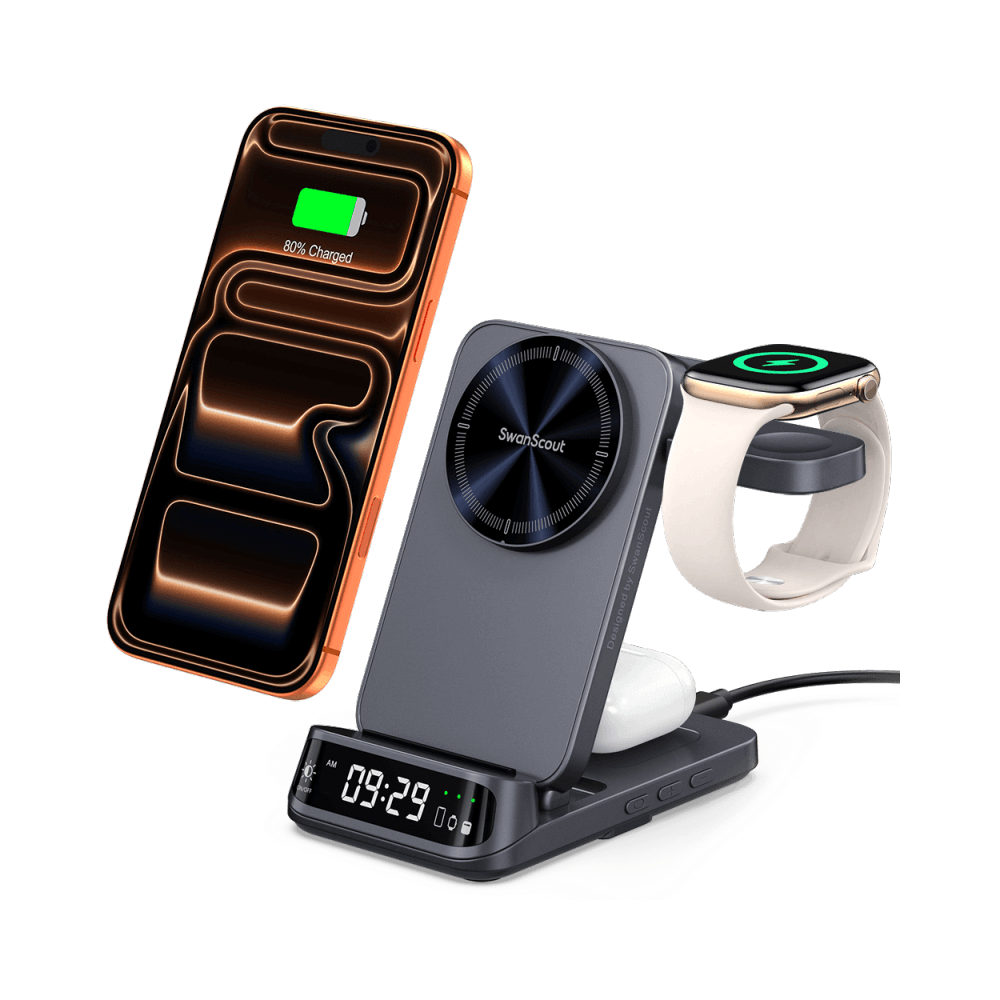 SwanScout 708M 3-in-1 magnetic wireless station charging iPhone 16 Pro Max, Apple Watch 10, and AirPods with a curved 3D LED clock display.
