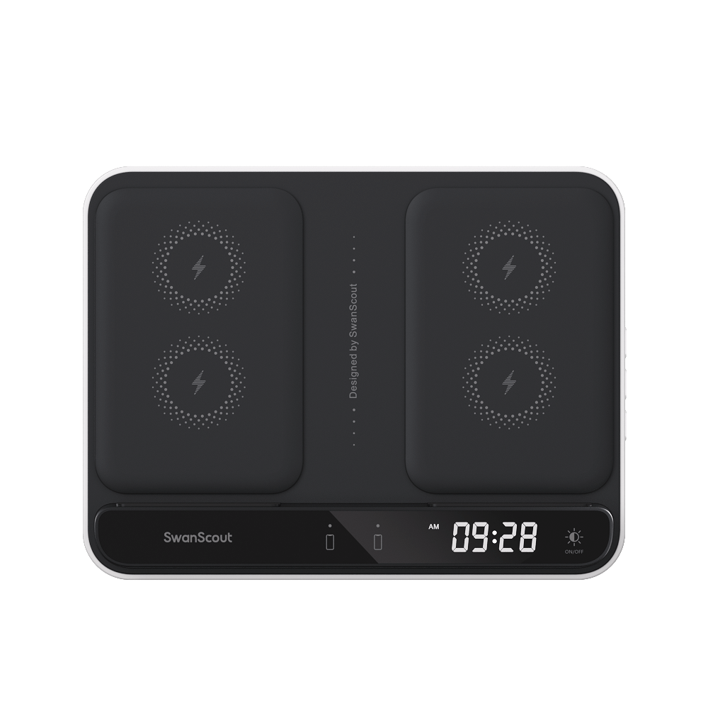 Front view of SwanScout 710A highlighting the digital clock with 4 adjustable brightness levels and the sleek black front panel.