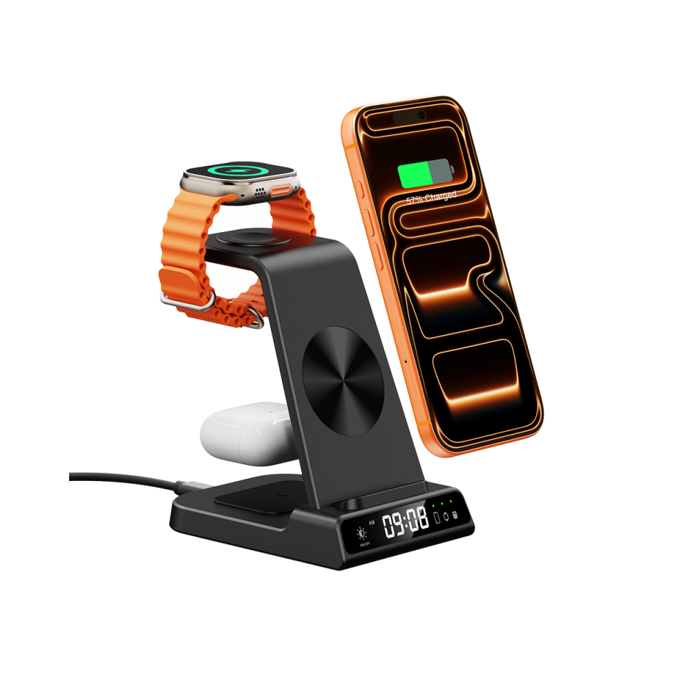 SwanScout C02 3-in-1 charging station powering an iPhone 17 Pro, Apple Watch 10, and AirPods Pro 2 with an integrated digital clock.