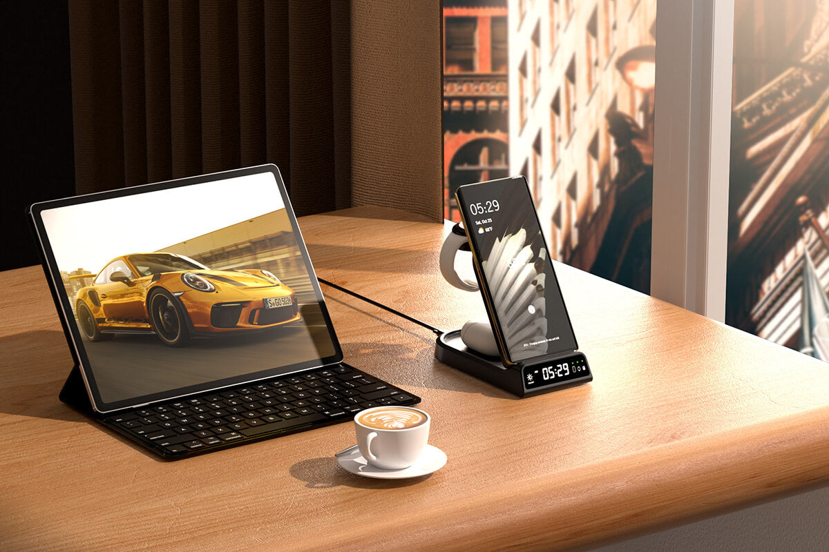 Whether at home or on the go, the swanscout 702G acts as a complete Google Pixel charging station with clock and wireless convenience.