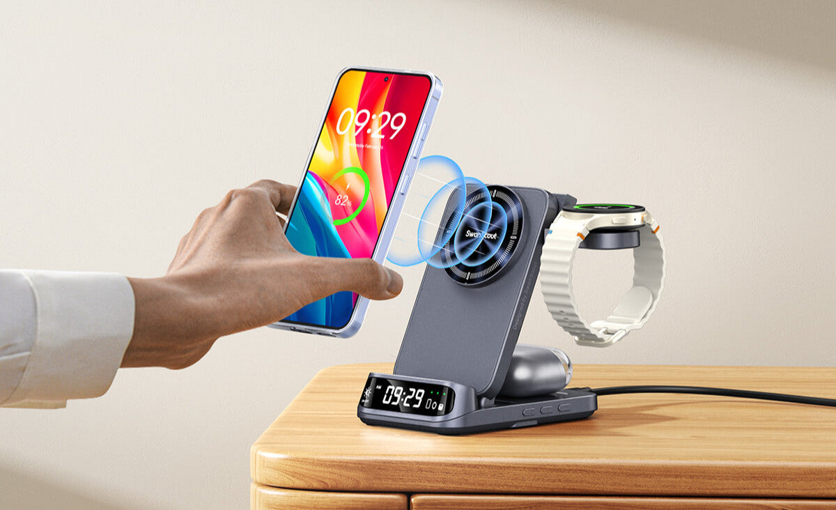 Strong magnetic alignment of SwanScout 708SM holding Samsung phone securely while charging