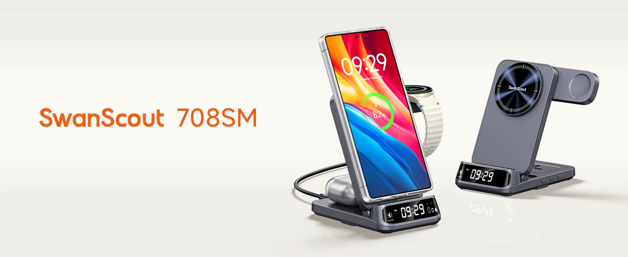 Side-by-side comparison of two SwanScout 708SM chargers showing folding flexibility