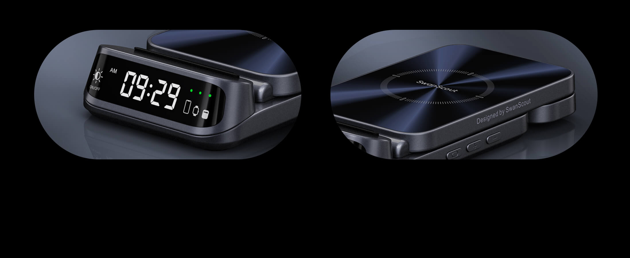 Curved clock display and UV texture on SwanScout 708S highlighting its elegant, high-end finish
