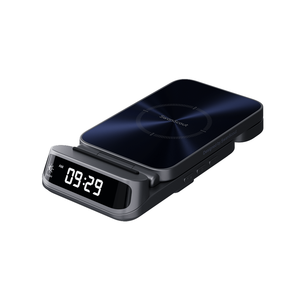 Compact front view of folded SwanScout 708S for portable Samsung wireless charging on the go