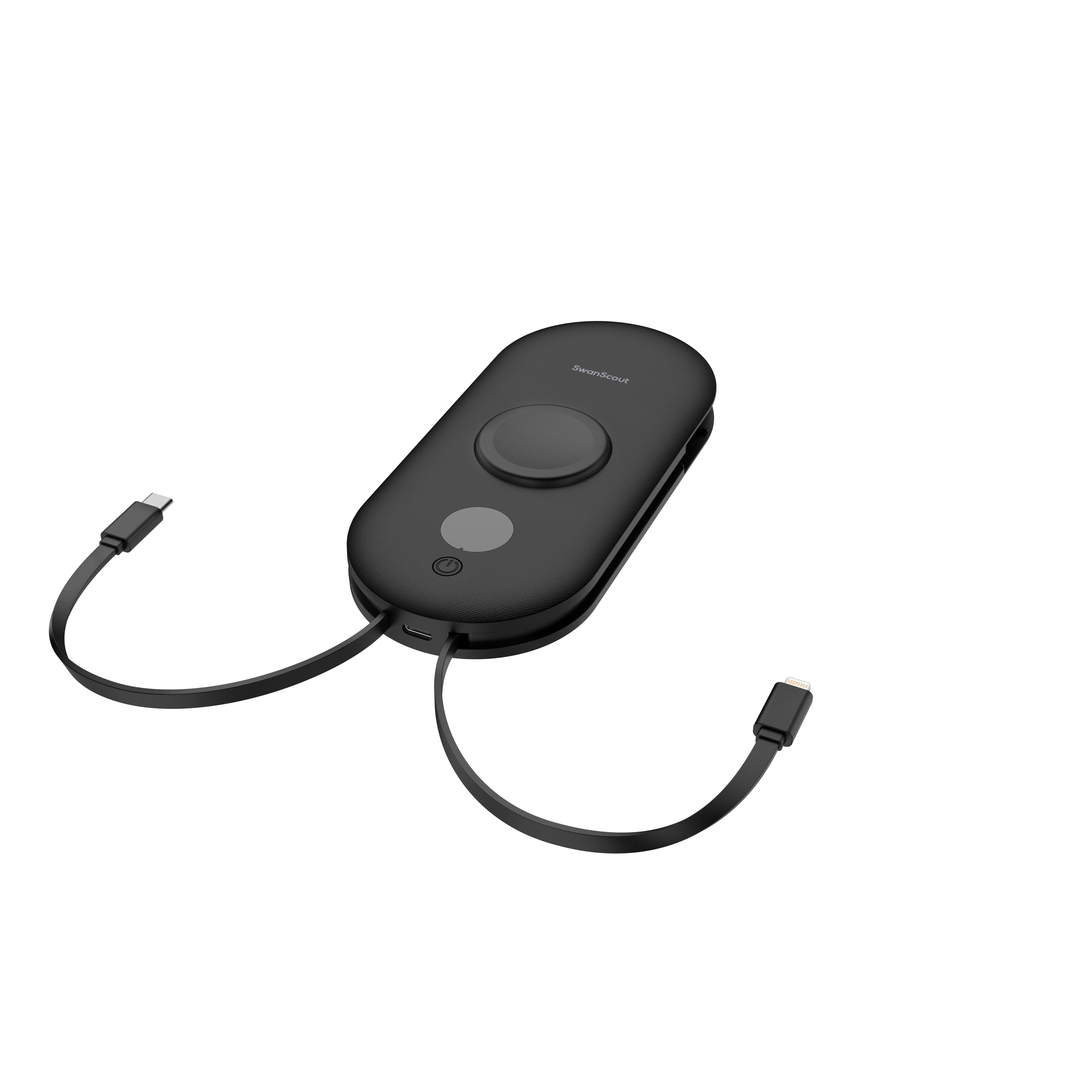 SwanScout 302S 4-in-1 power bank for Samsung with built-in cables, compact portable charger for multiple devices.