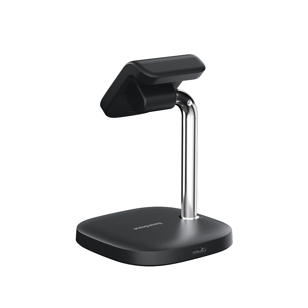 SwanScout 505A Apple Watch charging stand viewed from rear right, showing sleek design and cable connection for charging Apple Watch.