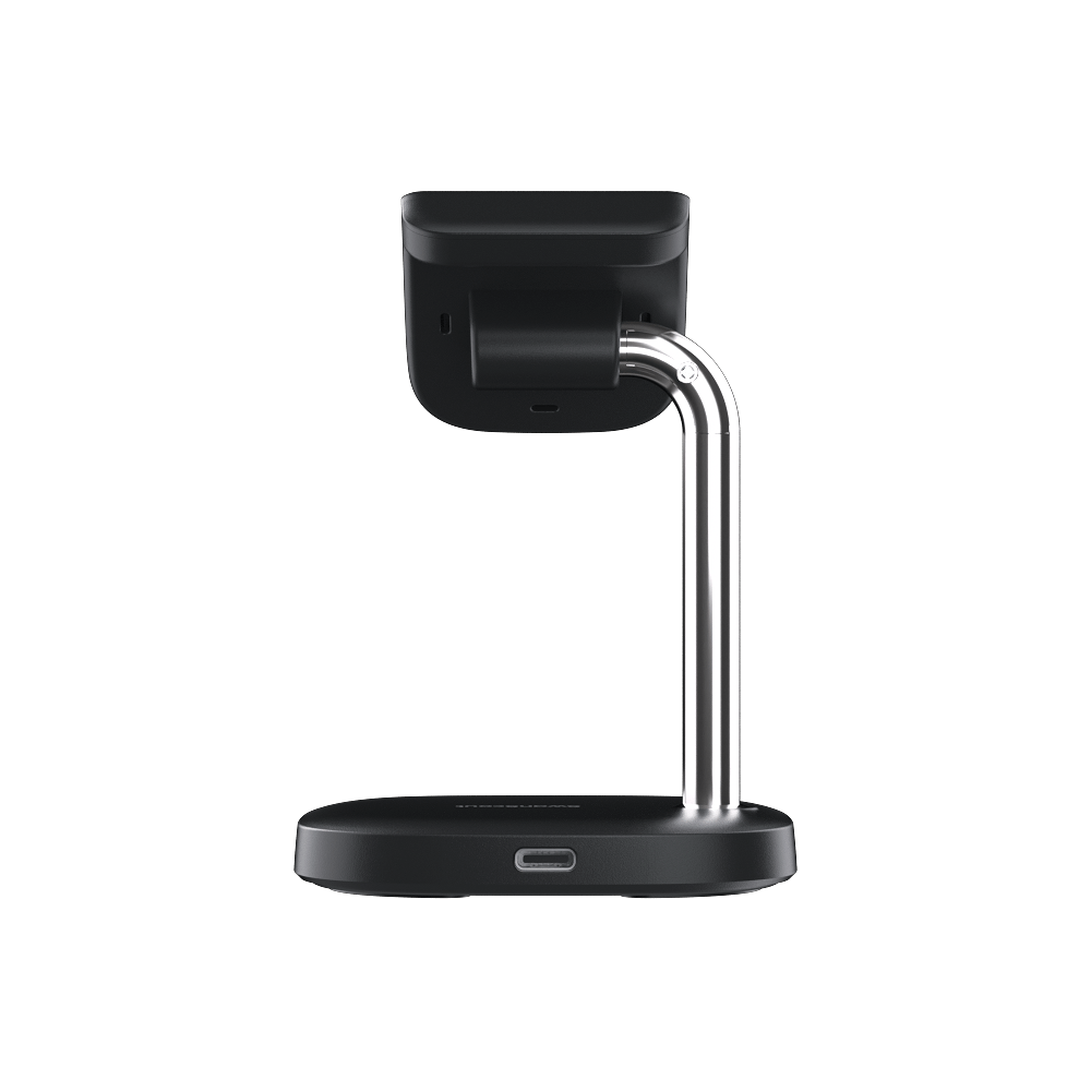 SwanScout 505S charging stand for Samsung Watch shown from rear view with adjustable angle and charging cable connected.
