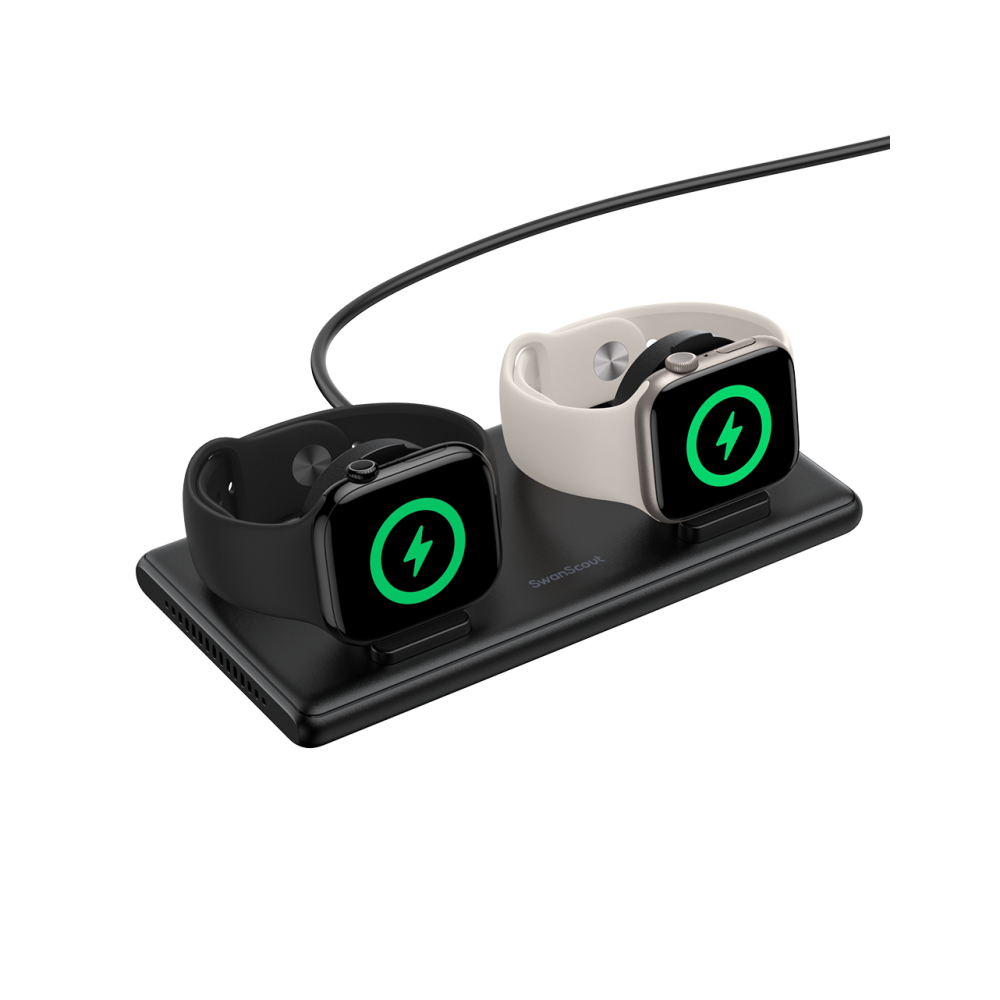 SwanScout 507DA dual wireless charger powering two Apple Watches simultaneously, including Apple Watch Ultra 2 and Series 10