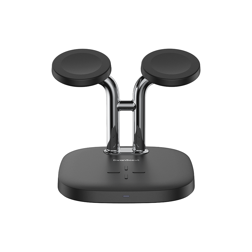 Front view of SwanScout 704S featuring two dedicated Samsung Galaxy Watch charging spots and a center wireless pad for Galaxy Buds 3 Pro