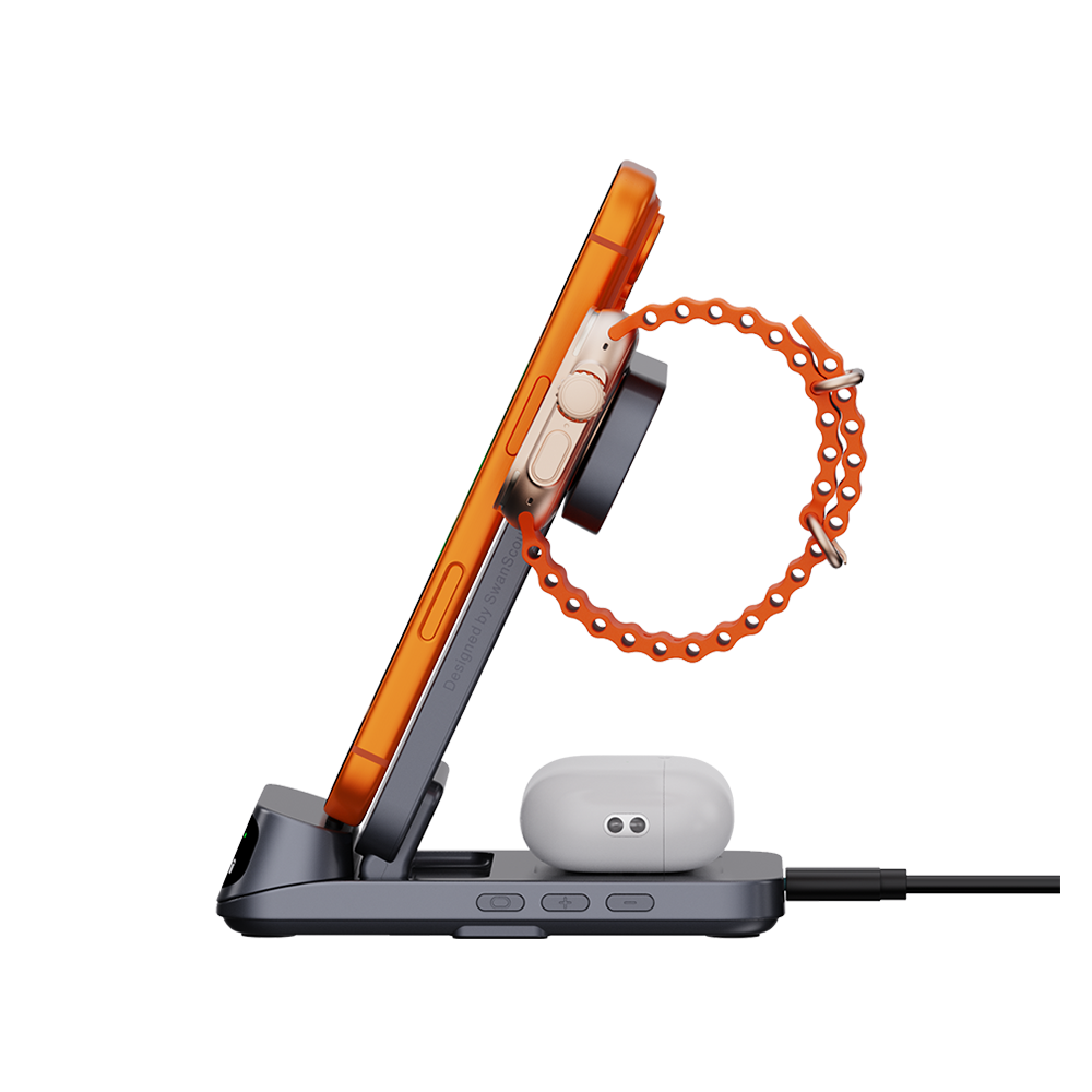 Side view of SwanScout 708A supporting iPhone in horizontal charging mode, ideal for watching videos while providing stable wireless power
