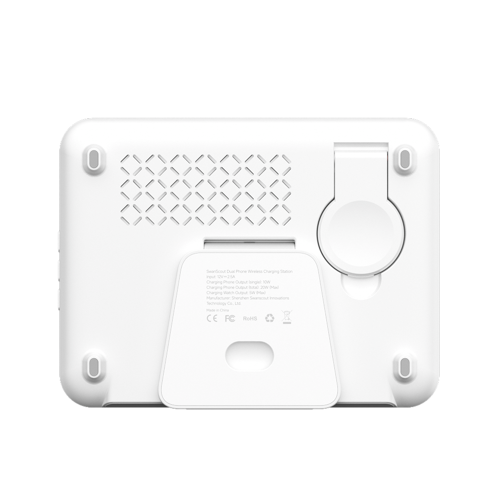 SwanScout 710S dual phone and single watch wireless charger in black and white, compatible with Samsung devices.
