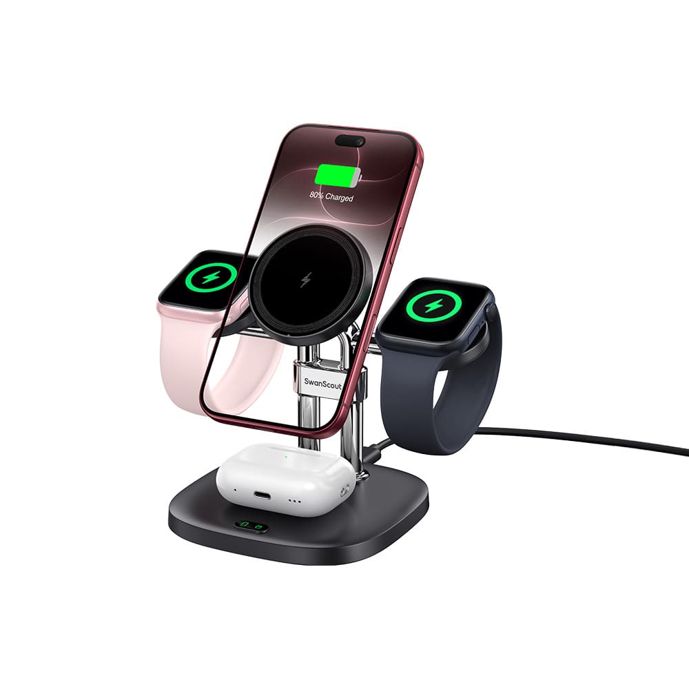 Wireless car charger powering iPhone 18 Pro earbuds and two watches with SwanScout S10029M