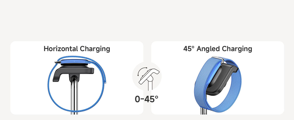0 to 45 degree adjustable fitbit wireless charging station displaying smartwatch screen with SwanScout S10034FA