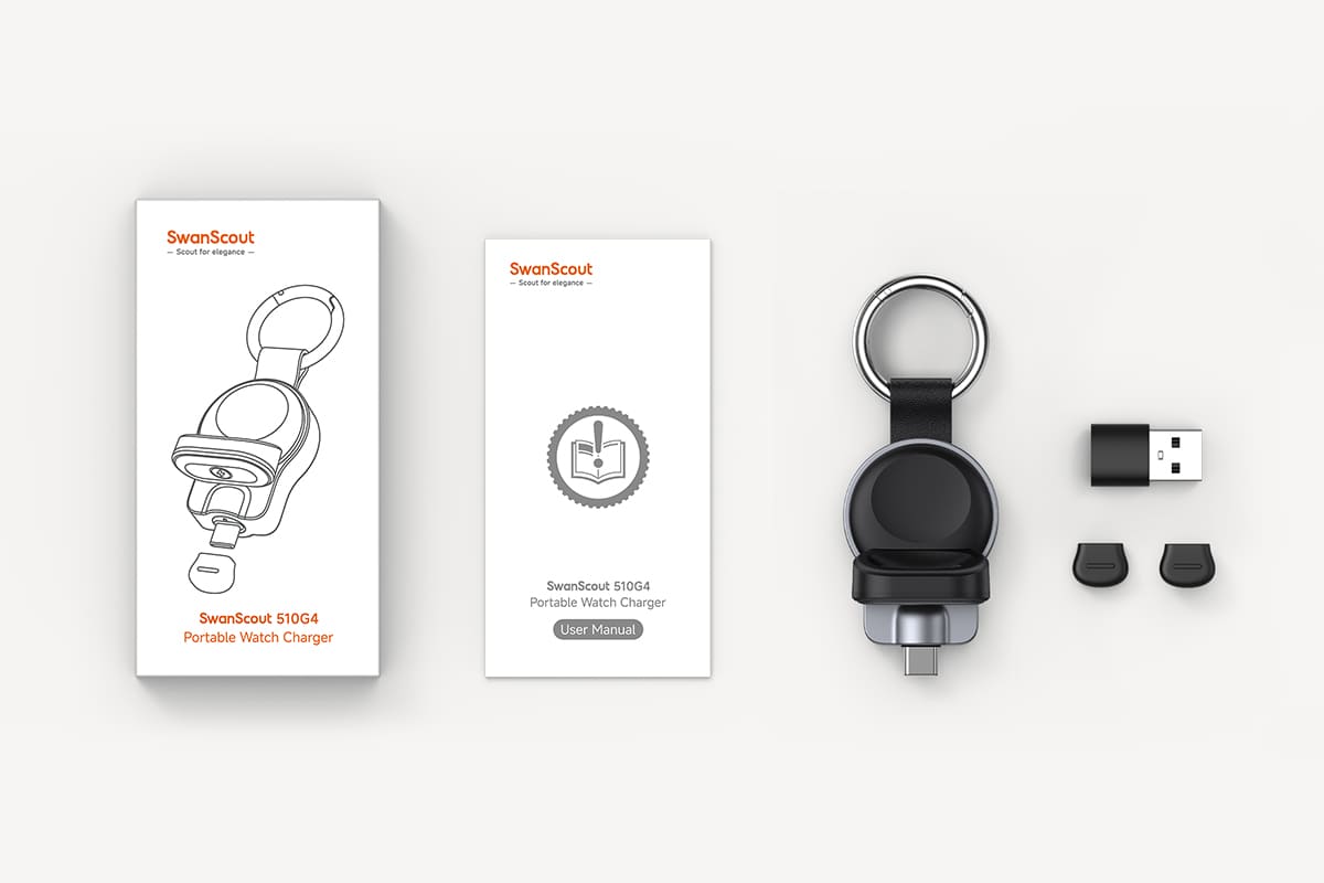 Wireless charging station package contents including SwanScout S10042G4 and accessories