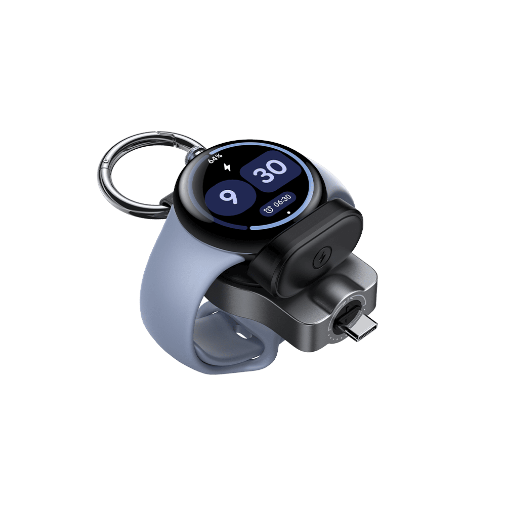 Wireless charging station with rotatable plug holding Pixel Watch steady for emergency charging with SwanScout S10042G4