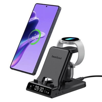 The Swanscout 701S is a sleek 3 in 1 charging station for Samsung devices, powering your phone, watch, and Galaxy Buds all at once.