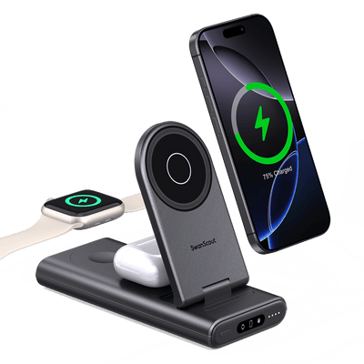 SwanScout 301M is a 3-in-1 foldable magnetic power bank, designed for seamless charging with MagSafe-compatible devices.