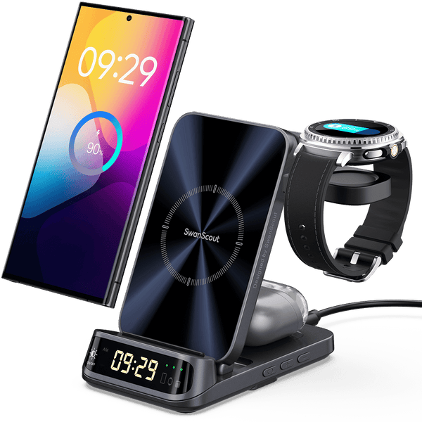 SwanScout 708S 3 in 1 Samsung wireless charger powering Galaxy phone, watch, and earbuds at an angle