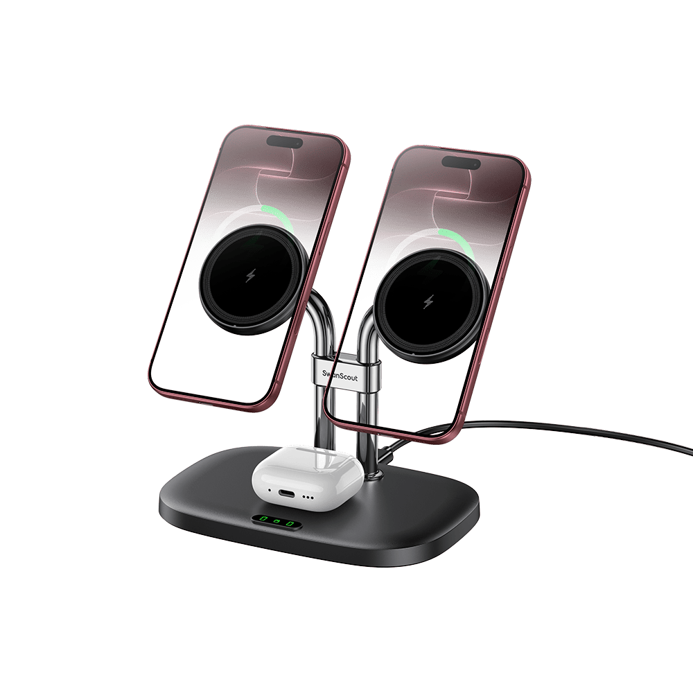 SwanScout 706M - Caricatore magnetico doppio per iPhone e dock wireless per AirPods