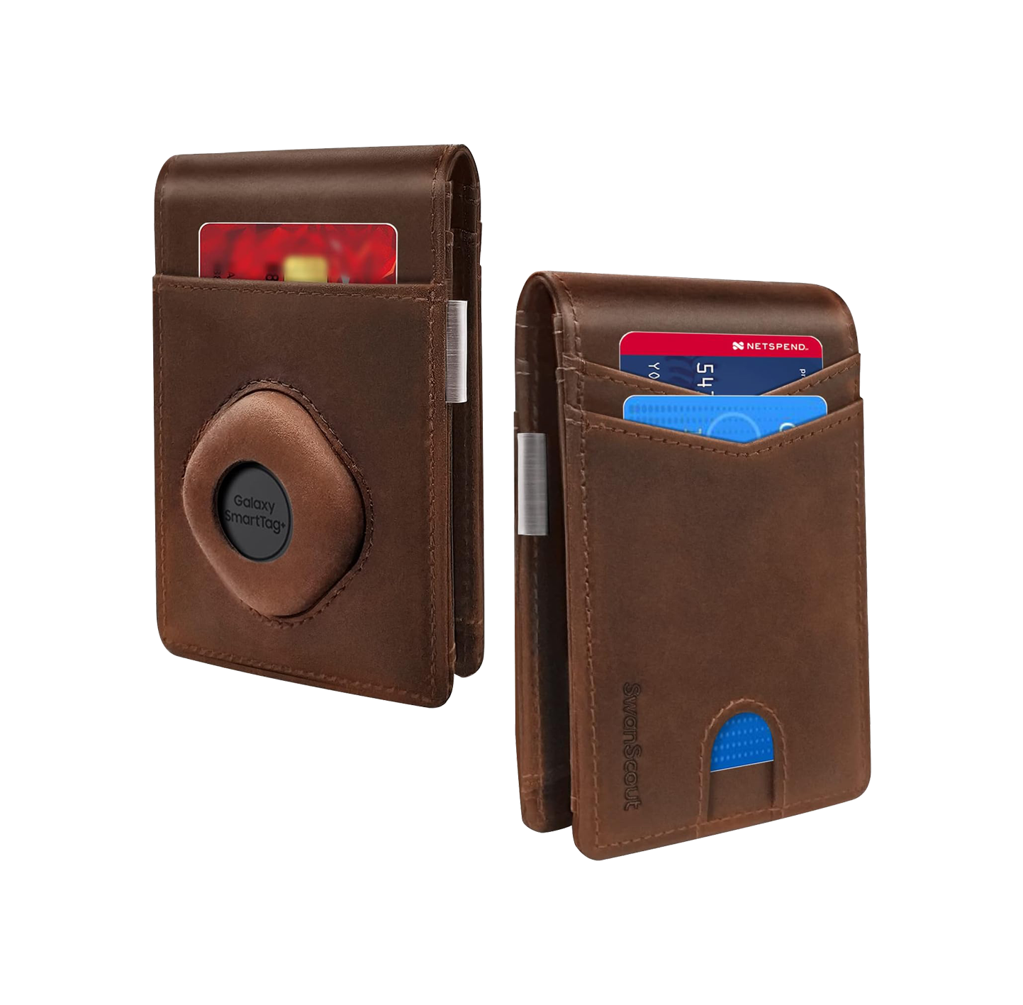 Classic brown SwanScout 101S wallet with a slim, compact profile and integrated tracking compartment for enhanced security and style.
