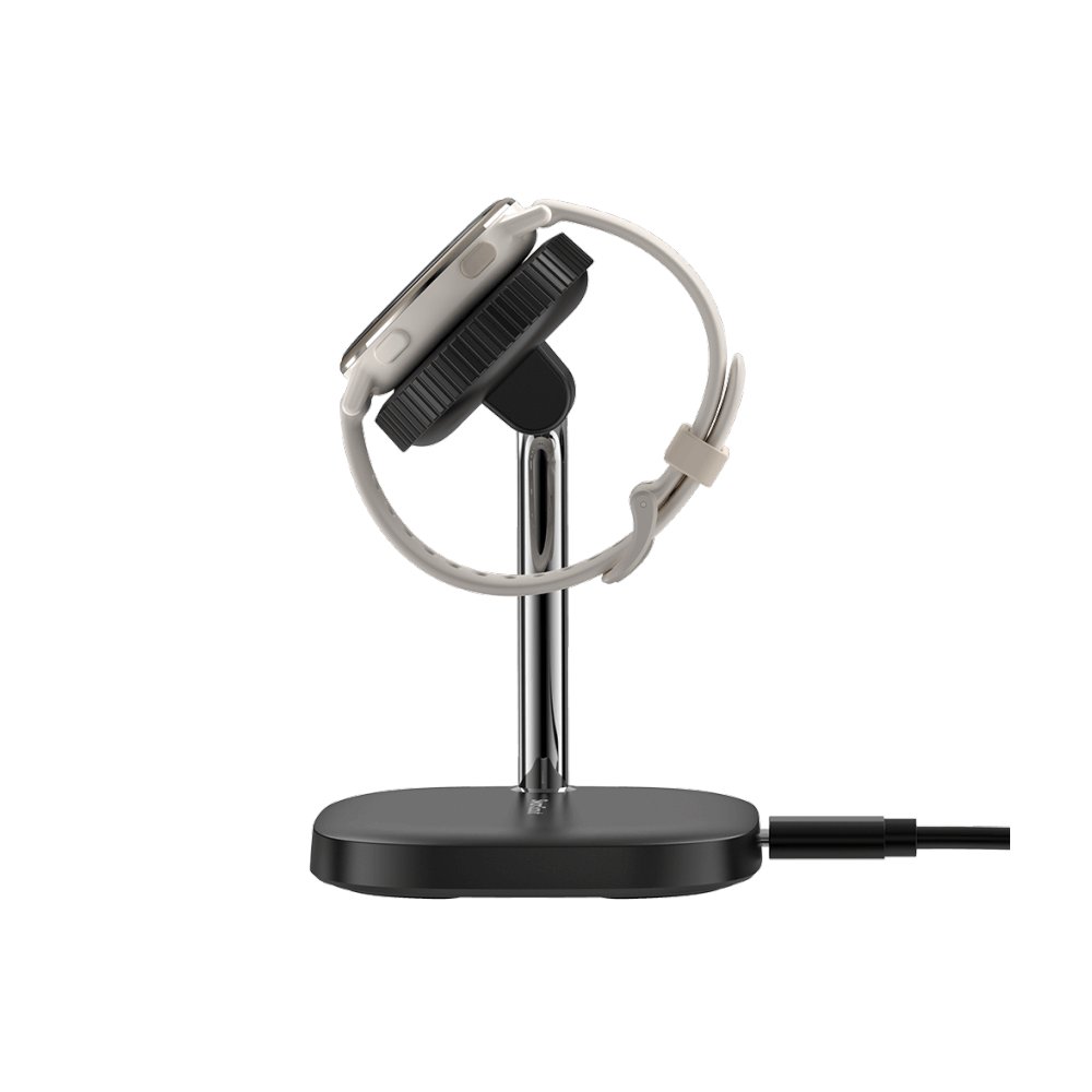 Side view of SwanScout 505GM charging a Garmin watch, illustrating the secure fit and ergonomic viewing angle for office use.