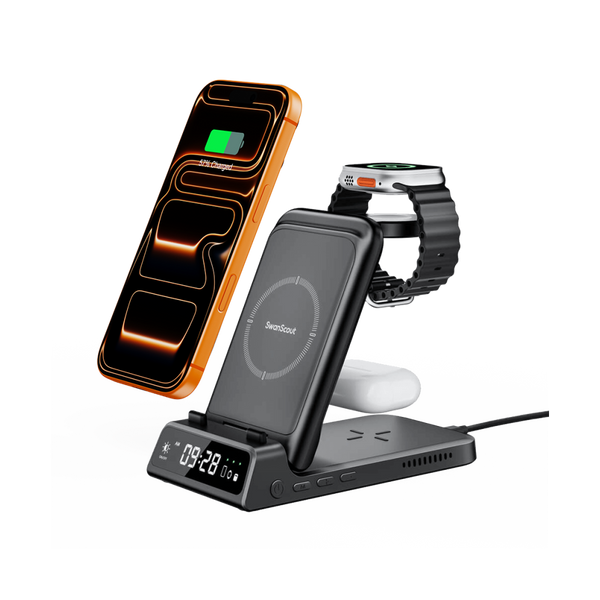 SwanScout 703A wireless station charging iPhone, Apple Watch, and AirPods simultaneously, featuring a built-in digital clock and a dedicated phone charging control button.