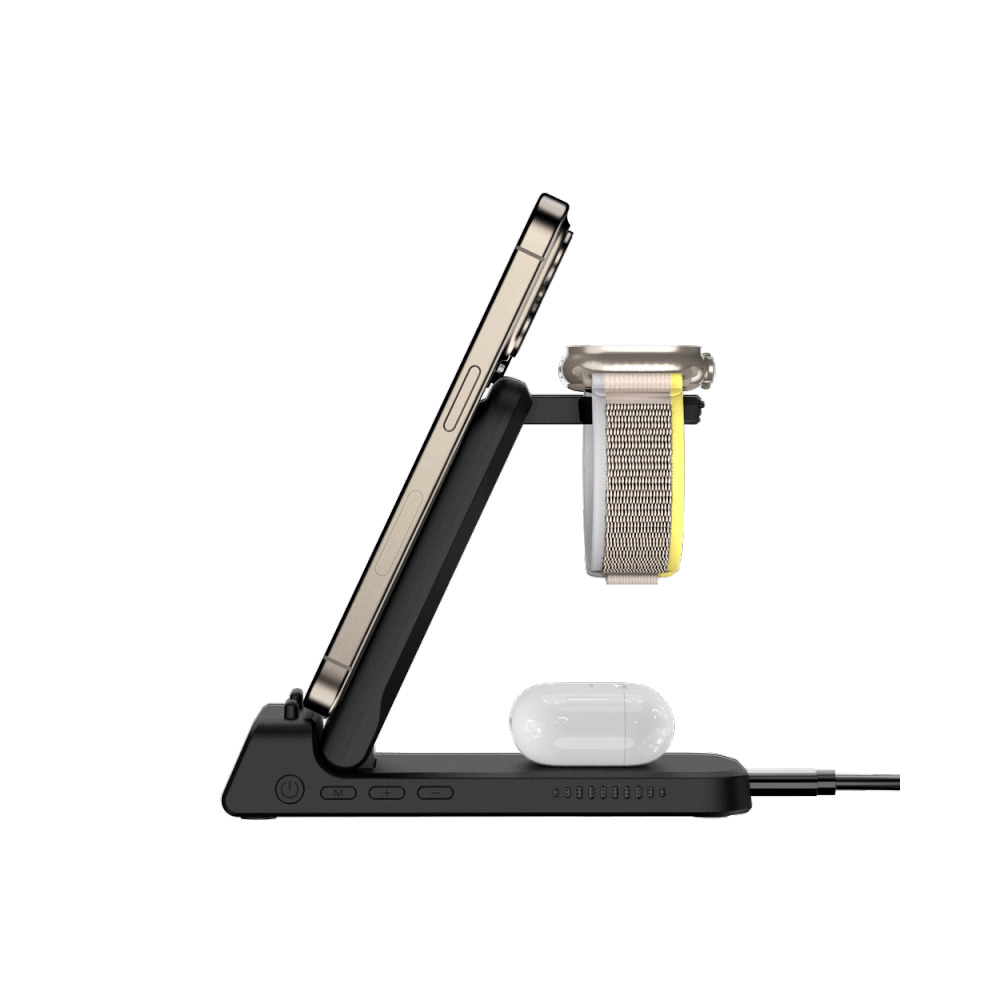 Side view of SwanScout 703A showing its sleek foldable design, supporting iPhone charging with cases under 5mm while maintaining a organized bedside display.