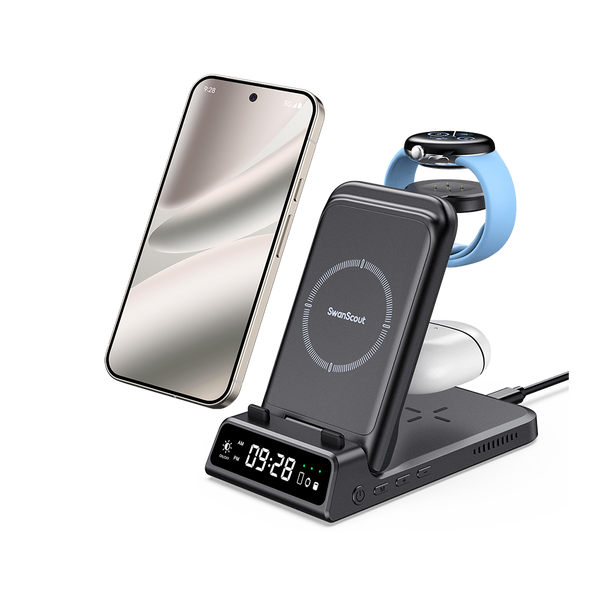 SwanScout 703G2 wireless charging station for Google ecosystem, simultaneously charging Pixel 9 Pro, Pixel Watch 2 or 3, and Pixel Buds Pro 2.