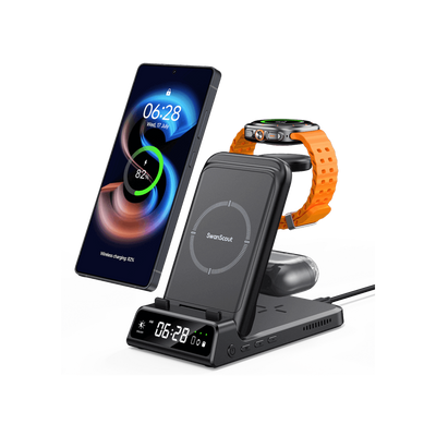 SwanScout 703S gray wireless station charging Samsung Galaxy S25 Ultra, Galaxy Watch, and Buds simultaneously with an integrated digital clock.