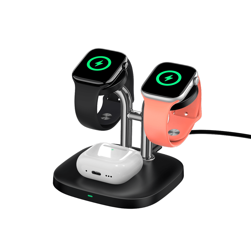 SwanScout 704A black dual Apple Watch charging station, simultaneously fast charging two Apple Watches and AirPods with 3.3W upgraded power.