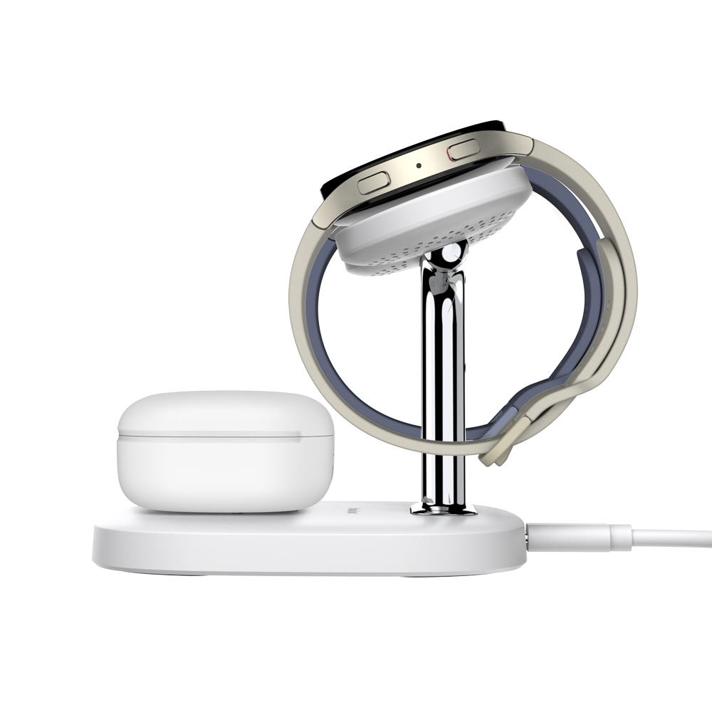 Side profile of the white SwanScout 704S, highlighting the dual magnetic charging spots for Galaxy Watch 6, 5, and 4 Classic with a slim footprint.