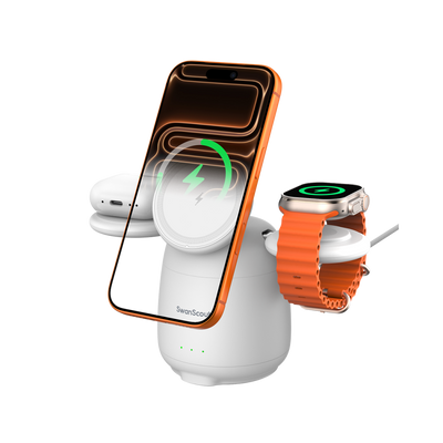 White SwanScout 707M charging station powering an iPhone 17 Pro Max, Apple Watch 10, and AirPods Pro with a sleek glossy finish.