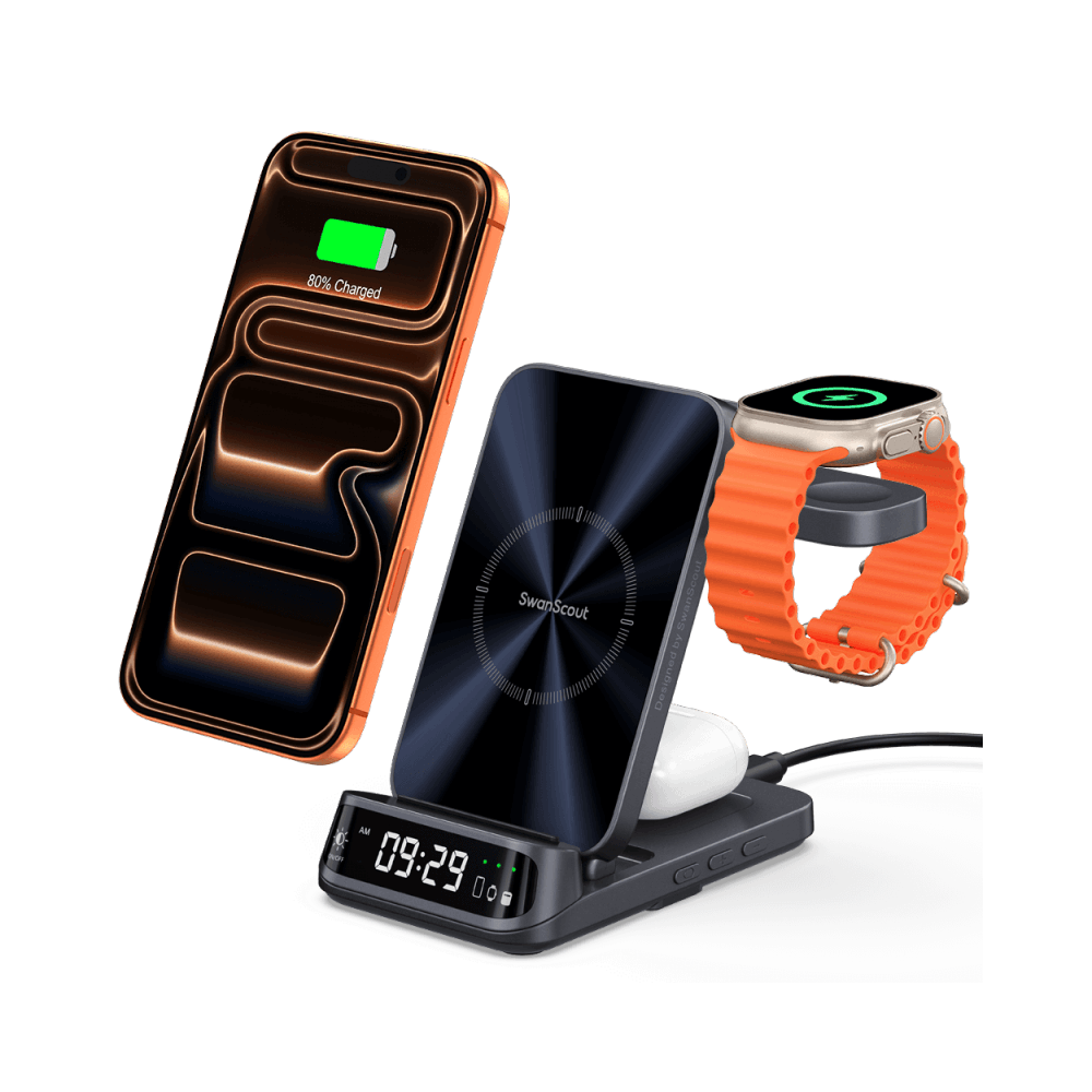 SwanScout 708A 3-in-1 wireless station charging iPhone 16, Apple Watch, and AirPods with a curved digital clock and premium metallic finish.