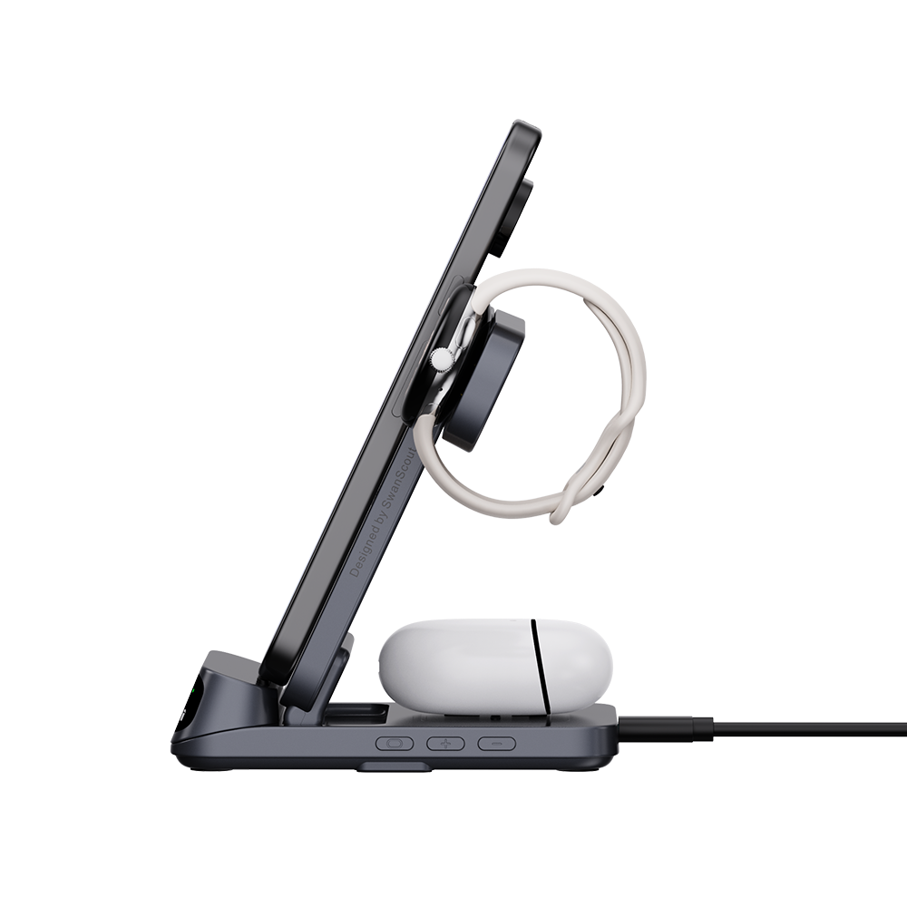 Side view of SwanScout 708G2 charging a Pixel 9 Pro Fold using the included silicone mat for stable positioning and precise alignment.