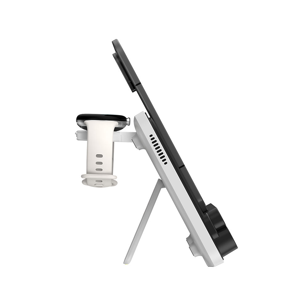 Side view of SwanScout 710FG2 showing the Pixel 9 Pro Fold using the included silicone pad for precise coil alignment and stable 30W charging.