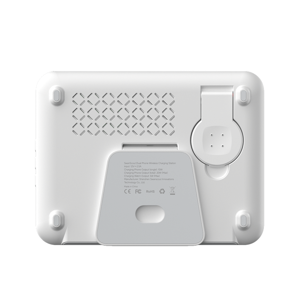 Back view of the unfolded SwanScout 710G2, demonstrating the clean black-and-white body design and organized multi-device power solution.
