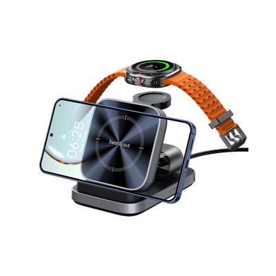SwanScout 713S charging station powering a Samsung Galaxy S25 Ultra in horizontal mode, Galaxy Watch 8, and Buds3 Pro simultaneously.
