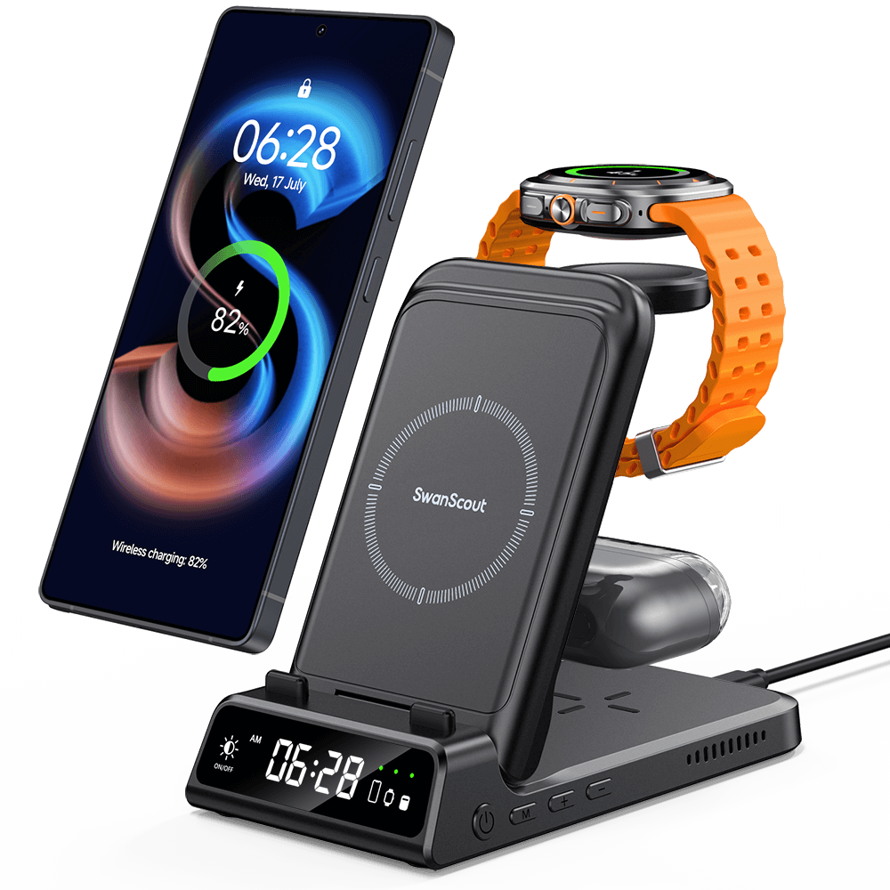 SwanScout 703S – 3-i-1 trådlös laddare för Samsung med klocka