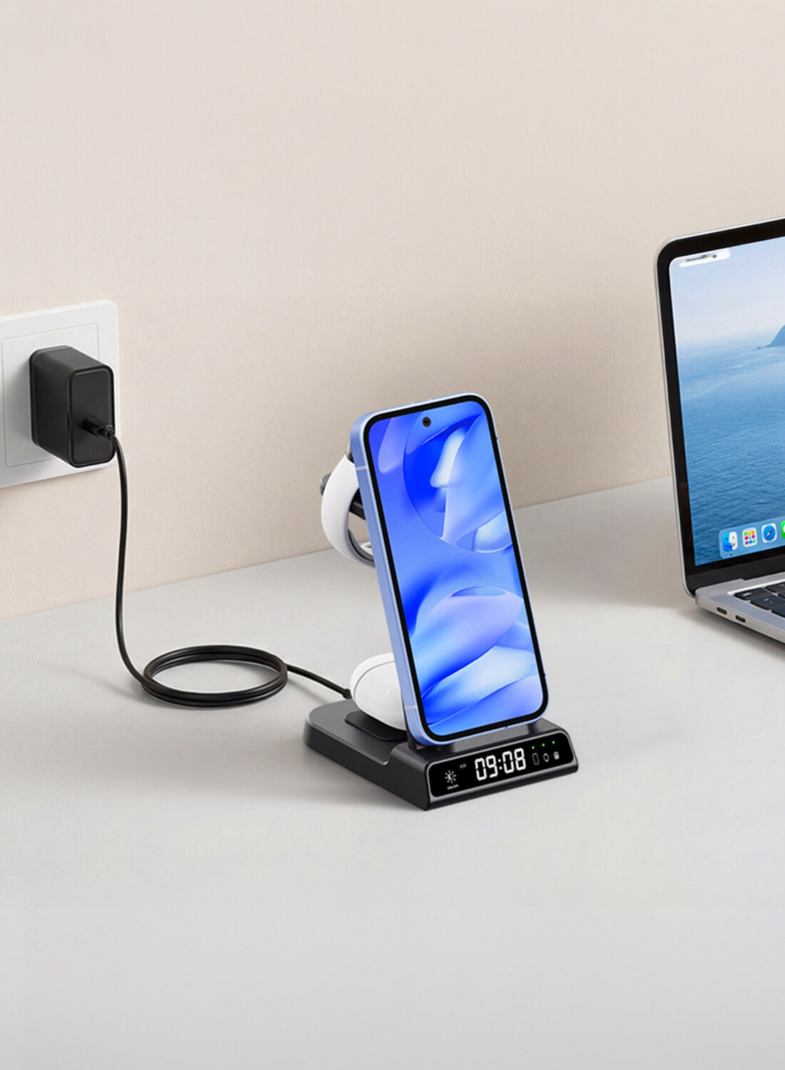 Desk-friendly wireless charging station helps reduce cable clutter and keep your workspace tidy