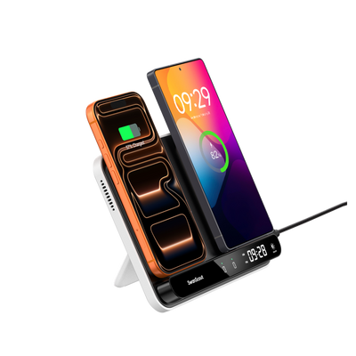 SwanScout 504 dual wireless charging stand simultaneously powering an iPhone 17 and a Samsung Galaxy S25 Ultra with a built-in touch clock