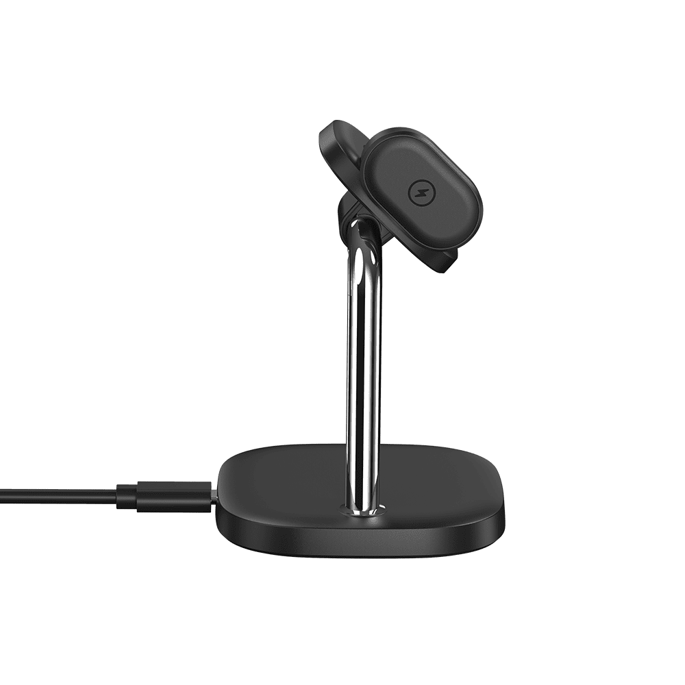 SwanScout 505G4 Pixel Watch 4 wireless charging stand shown from side view, sleek black design for fast charging of smartwatch.
