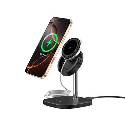 SwanScout 506M detachable magnetic wireless charger for iPhone 17 Pro, featuring a sleek design and MagSafe compatibility.