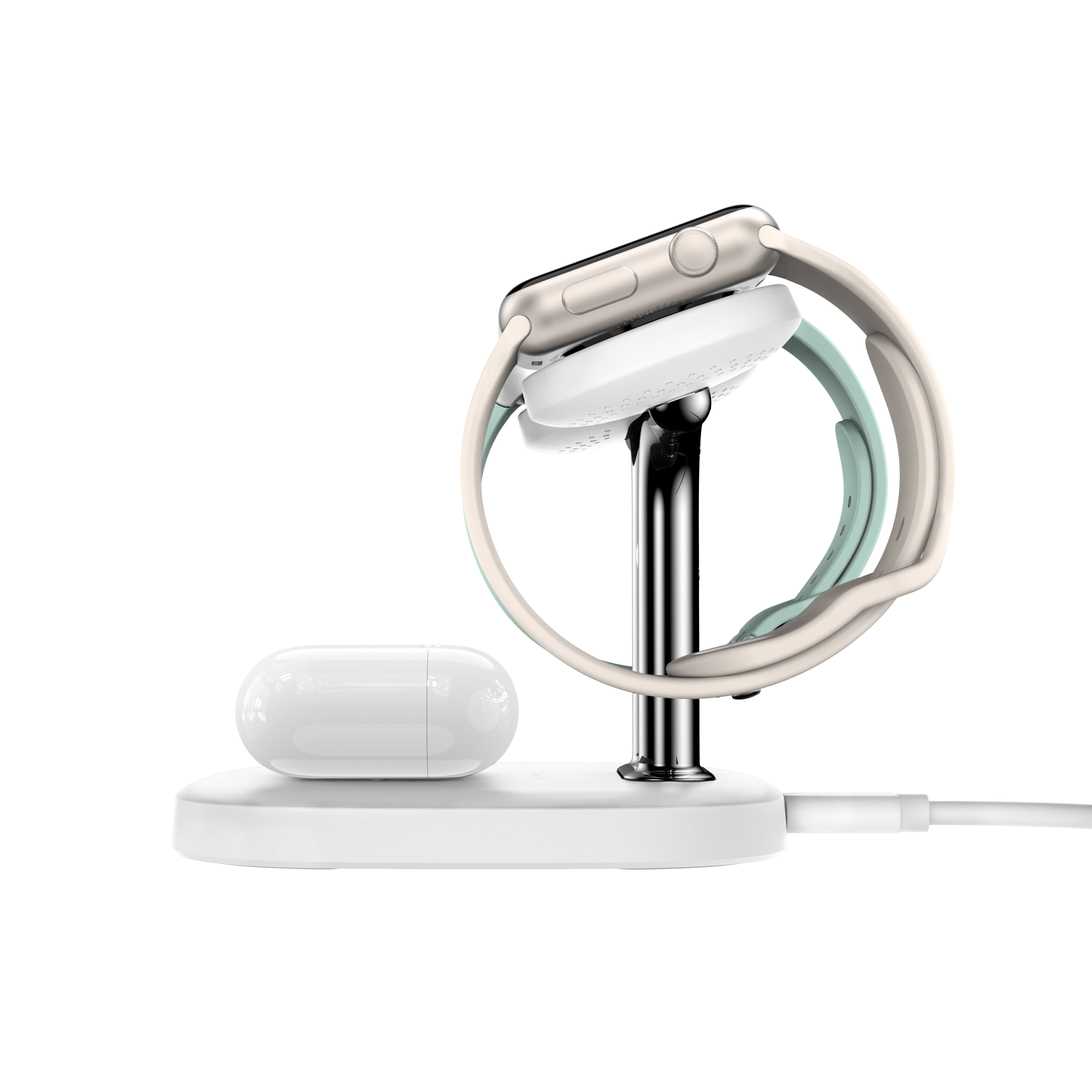 SwanScout 704D wireless watch charger for Apple and Samsung, side view showing dual charging system and sleek design.