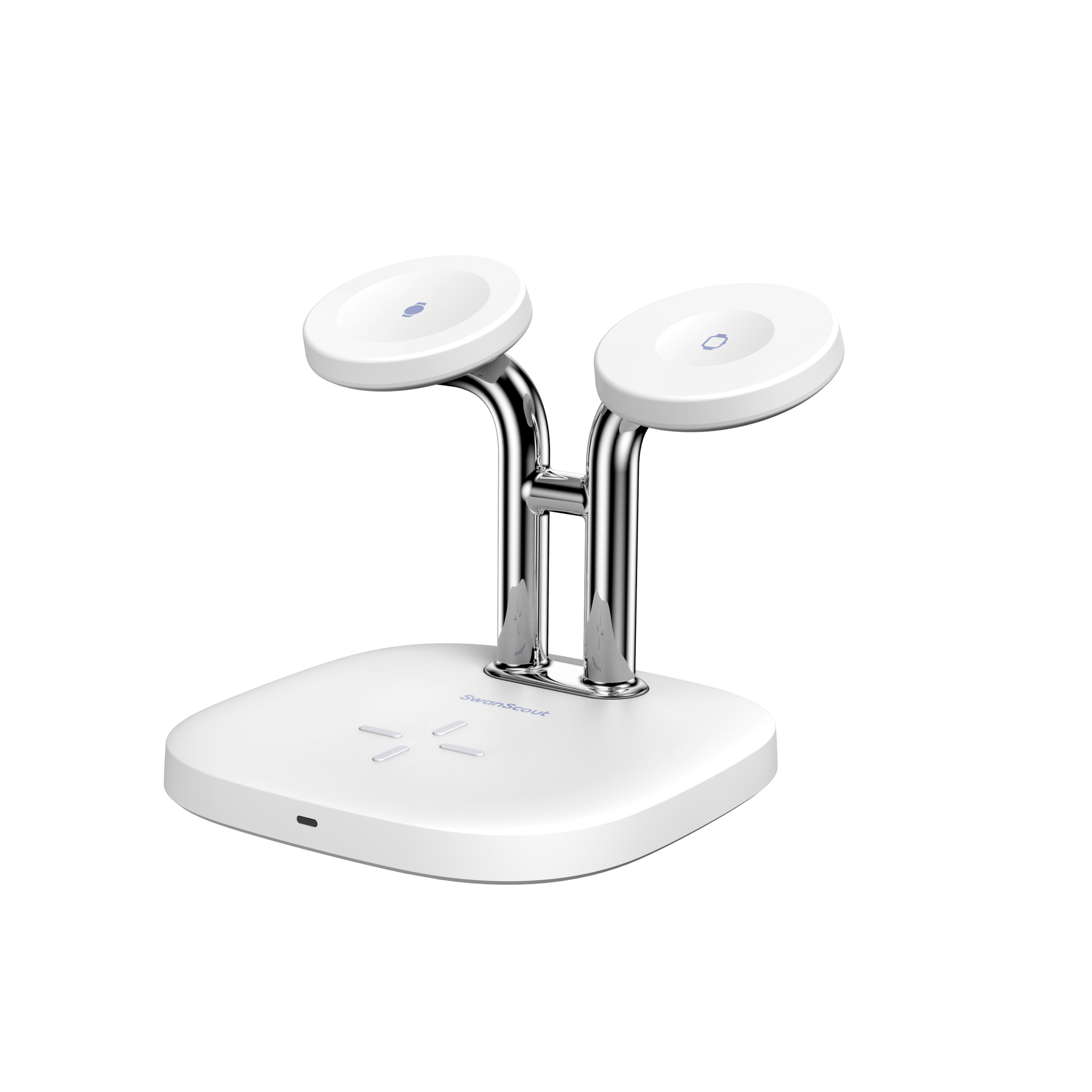 SwanScout 704D wireless charger for Apple and Samsung Galaxy Watch, showing the left side with sleek design and charging surface