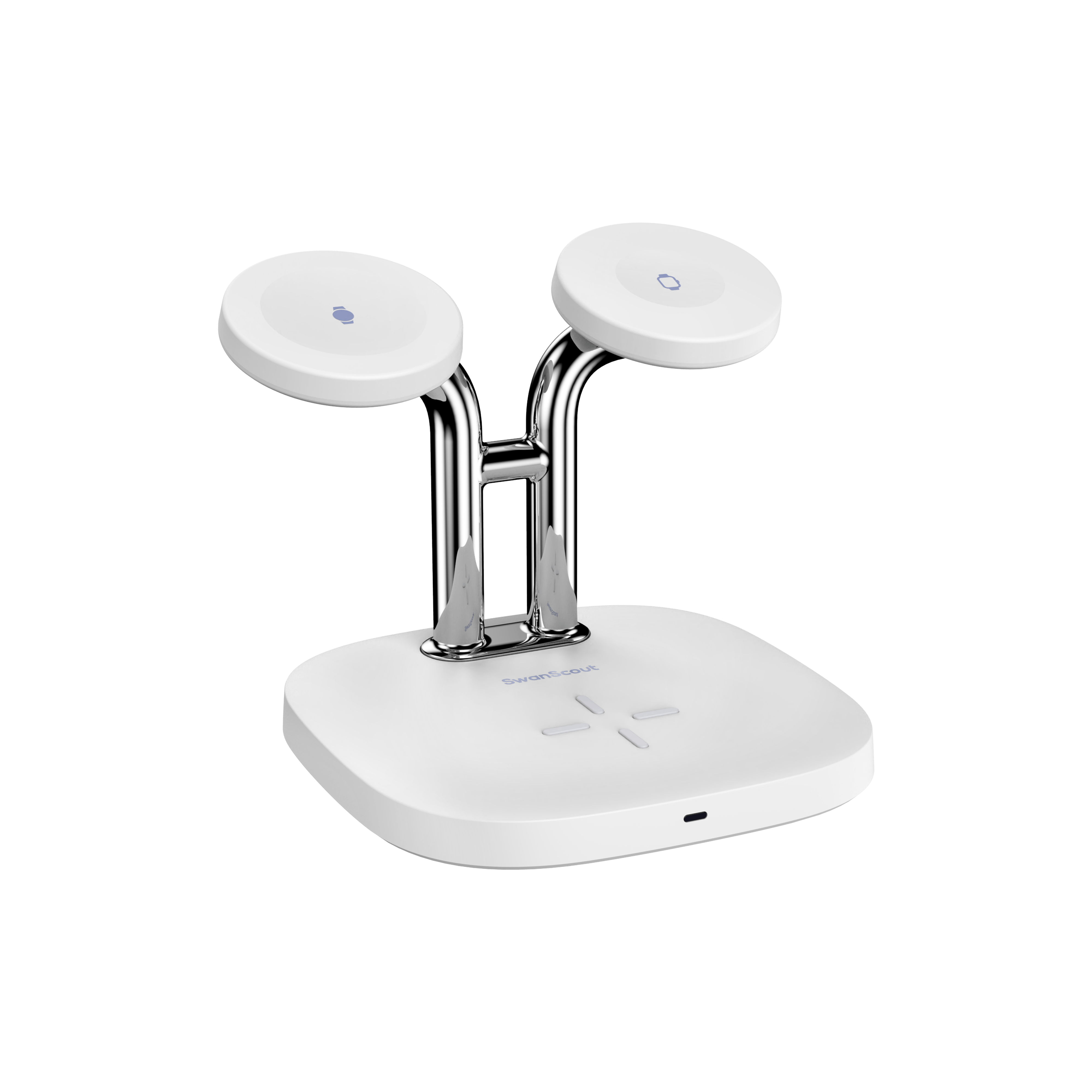 SwanScout 704D wireless charger for Apple Watch and Samsung devices, showing the magnetic charging pad from the right side.